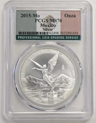 2015-Mo Mexico Onza Silver Coin PCGS MS70 Mexican Flag Label - Image 1 of 2