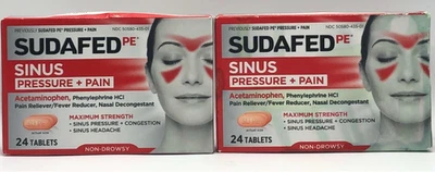 2Pk Sudafed PE синусовое давление + боль 325 мг ~ 24 таблетки каждая ~ срок годности 12/26 и 3/27 - Изображение 1 из 2