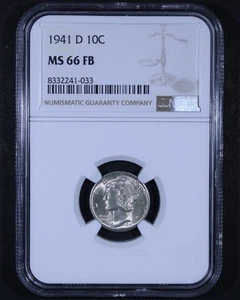 1941-D Mercury Dime - 10c NGC MS66 FB - Full Bands - Nice Example! - Picture 1 of 4