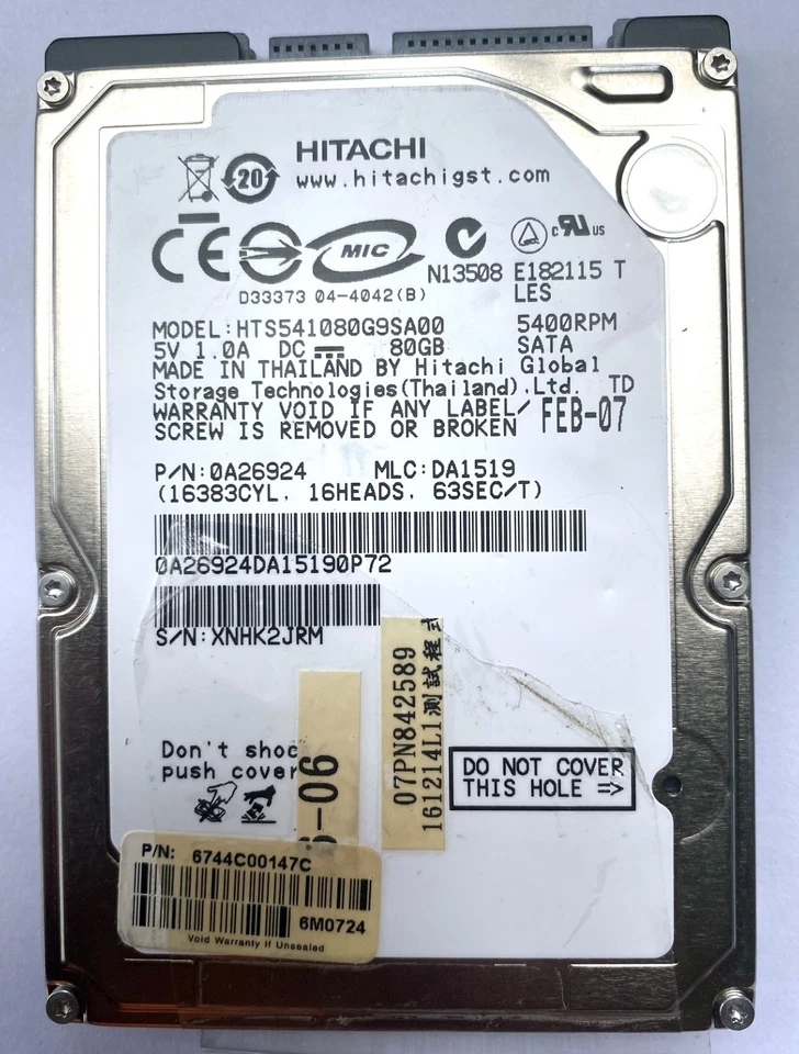 80GB Hitachi HTS541080G9SA00 2.5" SATA Laptop HDD 5400RPM Tested Working - Image 1 of 2
