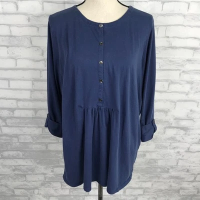 Top túnica Jill azul tejido lengüeta enrollable suéter boho algodón/spandex talla XL botón Foto 1 de 4