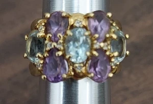 Vintage Diamond Amethyst Aquamarine Stamped 925 Gold Plated Ring Size 6 - Picture 1 of 21