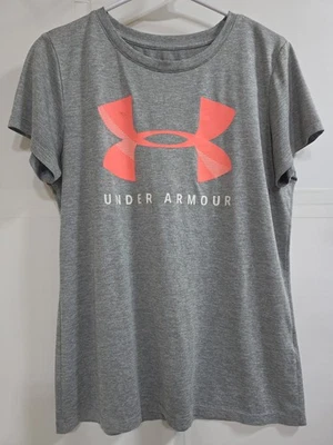 Under Armour Shirt Women Medium Gray Pink Graphic Tee Heatgear Ladies Workout UA - Imagem 1 de 4
