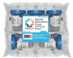 Vakly Sterile Specimen Cups Individually Bagged with Screw On Lids, 4oz , 5 Pack - Picture 1 of 1