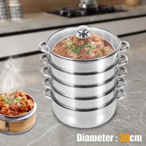 5 Tier Stainless Steel Steamer Cooker Steam Pot Kitchen Food Cooking + Glass lid - Picture 1 of 21
