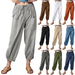 Women's Solid Color Linen Cotton Buttons Loose Elastic Casual Lounge Long Pants - Picture 1 of 56