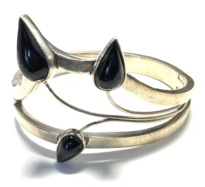 Sterling Silver 925 Black Onyx Hinged Bangle Bracelet 7-inches Mexico IQ27 - Image 1 of 4