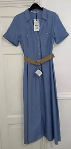 VESTIDO CAMISERO ZARA AZUL CUELLO JOHNNY SUAVE DENIM MIDI ABOTONADO CINTURÓN TALLA M NUEVO CON ETIQUETAS - Imagen 1 de 9