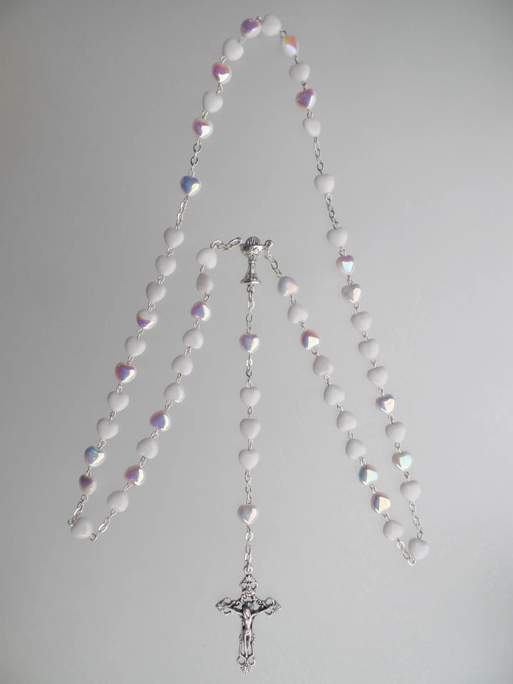  Kommunion Glas Rosenkranz Herz Perlen weiß Rosary  Kette Nr 6157 m. Kelch white - Bild 1 von 2