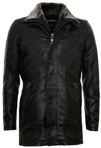 Men's Black Leather Jacket Classic Removable Collar Mid Length Warm Overcoat - Picture 1 of 6
