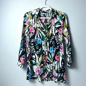 Sunny Leigh Top Size L Black Floral Bell Sleeve Button Front Pleated Blouse Boho - Picture 1 of 13