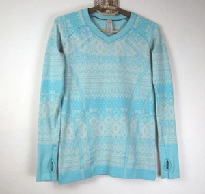 ivivva Girl's Size 14 Aqua & Cream Fair Isle Pattern Stretch V Neck Pullover - Picture 1 of 3