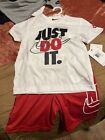 New Nike T-Shirt & Shorts Set Boy's 2-Piece Just Do It Logo Sz. 6 (White/Red)