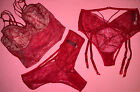 Victoria's Secret 32DD BRA SET M Garter cutout panty lot RED lace beige STRAPPY