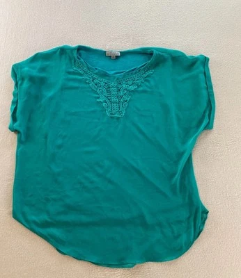 Blusa pulóver Joseph A para mujer mediana verde encaje cuello redondo manga corta Foto 1 de 4