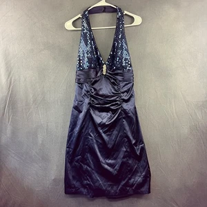 New Size 13/14 Roberta Sequin Halter Dress Satin Formal Prom Rhinestone Mini - Picture 1 of 10