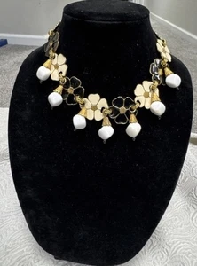 Vintage goldfarben schwarz weiß Emaille 18" Blume mit Perlen Quasten Halsband Halskette - Bild 1 von 13