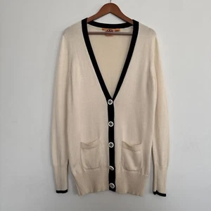 Tory Burch Simone Cardigan Sweater M Black Wool Logo Buttons Quiet Luxury Preppy - Picture 1 of 10