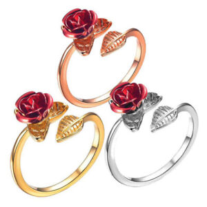 ⭐2021 Élégant Rose Rouge Fleur Feuilles Bague Ouverte Doigt Knuckle Femmes F