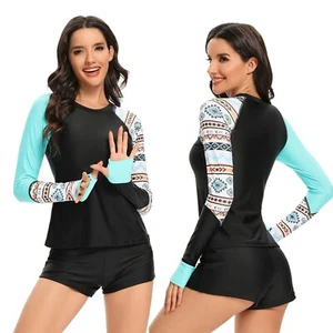 Women Long Sleeve Swimsuit Two-Piece Rash Guard UV Protection Surfing Swimwear - Picture 1 of 7