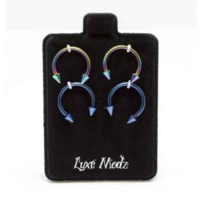 4 Pack 16G Horseshoe Ring Anodized Circular Barbell Blue and Multi-Color Spikes - Image 1 of 4