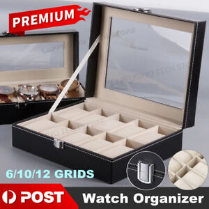6/10/12 Grids Leather Watch Box Organizer Case Jewelry Display Storage Showcase