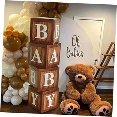 Cajas de exhibición de baby shower con impresión decoraciones de fiesta, género neutro grano de madera Foto 1 de 4