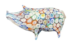 Murano Millefiori Blown Art Glass Paper Weight Pig with Flower Details Figurine - Picture 1 of 11