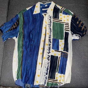 Vintage Haupt Men's XL Blue Abstract Button Down Shirt Rayon - Picture 1 of 3
