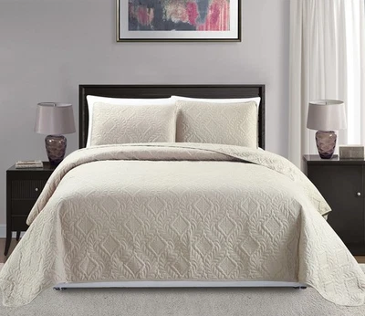 Mk Collection Diamond Bedspread Bed-Cover Embossed Solid Beige New (Full/Quee... - Image 1 of 2