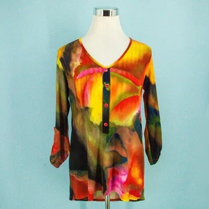 Clara Sun Woo Size XS Watercolor V Neck Button Tab 3/4 Sleeve Artsy Tunic Top - Picture 1 of 6