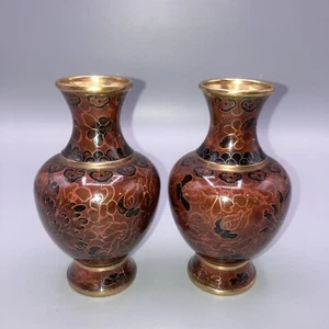 Vintage Cloisonne’ 5” Dark brown reddish vases pair preowned - Picture 1 of 6