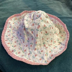 Vintage Child’s Sun Hat Reversible Toddler Size Pink Tulips And Stripes - Picture 1 of 6