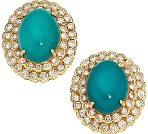 18k Yellow Gold Turquoise Cabochon 3.15 ct Diamond Double Bezel Clip-On Earrings - Picture 1 of 10