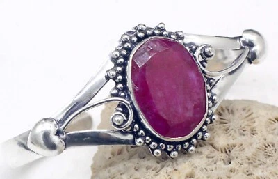 925 Sterling Silver Pink Ruby Gemstone Handmade Jewelry Cuff Bracelet Size-ADJ - Image 1 of 4