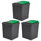 3 X Large 50L Plastic Recycle Bin With Green Flap Lid Waste Rubbish Dustbin Uk