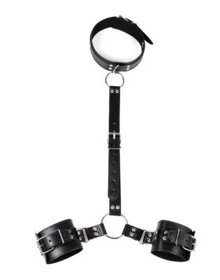 Menottes et collier à relier en simili-cuir noir rivets argentés bondage bdsm - Photo 1/4