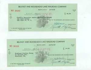 two Belfast and Moosehead Lake Railroad 1957 checks signed auditor Wilfred Hall - Picture 1 of 2