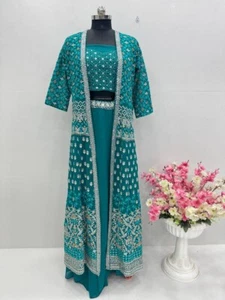 Reception Wear Heavy Teal Blue Faux Georgette Lehenga Choli With Fancy Koti - Picture 1 of 9