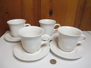 Set of 4 Pfaltzgraff Filigree White Coffee Cup & Saucers Embossed Scrolls & Dots - Picture 1 of 7