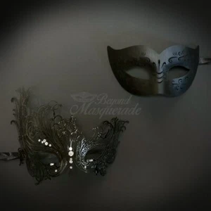 Couple's Masquerade Masks | Leather Filigree Metal Masquerade Masks - Picture 1 of 4