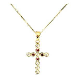 18ct 18K Yellow Gold Red Ruby And Cubic Zirconia Crucifix Cross Pendant. New - Picture 1 of 8