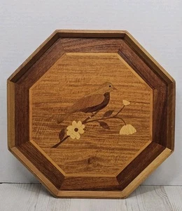 Vintage Wood Serving Tray Bird Flowers Inlaid Handmade Philipines 14 Inch - Picture 1 of 10