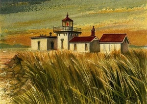 Atardecer de faro de West Point, Seattle, Washington. Impresiones en acuarela de Gerald Hill - Imagen 1 de 2