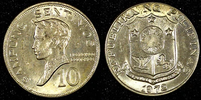 Philippines Copper-Nickel 1972 10 Sentimos Francisco Baltasar UNC KM# 198 (760) - Image 1 of 3