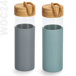 500 ml Trinkflasche Smoothie Flasche Glasflasche Bambus Deckel Glas Silikon 0,5 - Bild 1 von 3