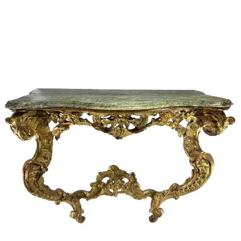 Antique French Louis XIV Giltwood Faux-Marble Wall Mount Console Table c. 1700 Cover