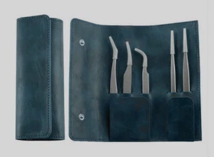Eyelash tweezers eyelash tool clip bag pocket Pouch holder Cow Leather blue W48 - Picture 1 of 4