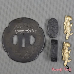 Stainless Steel TSUBA SET Hand guard Kashira Fuchi Brass Menuki Sword Accessary - Picture 1 of 3