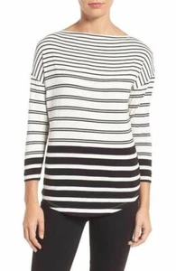 HALOGEN Women's Bateau Neck Blouse Ivory Black Stripes Knit Top Blouse NEW SP - Foto 1 di 5